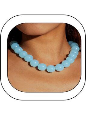 Women's Light Blue Acrylic Beaded Choker Necklace Chunky Round Bead Statement